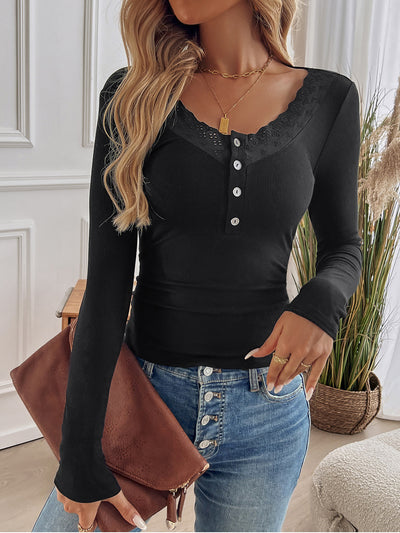 Round Neck Eyelet Patchwork Buttoned Blouse