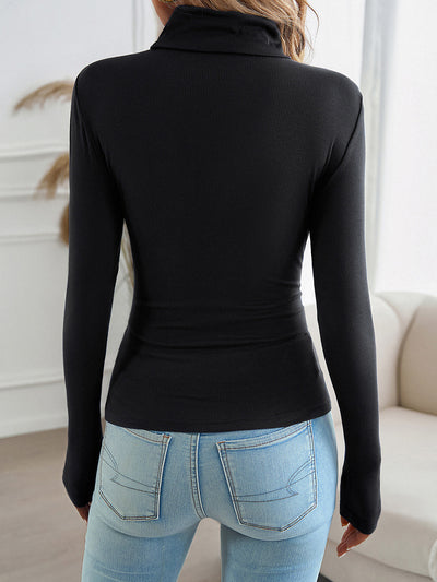 Solid Color Mock Neck Long Sleeves Blouse