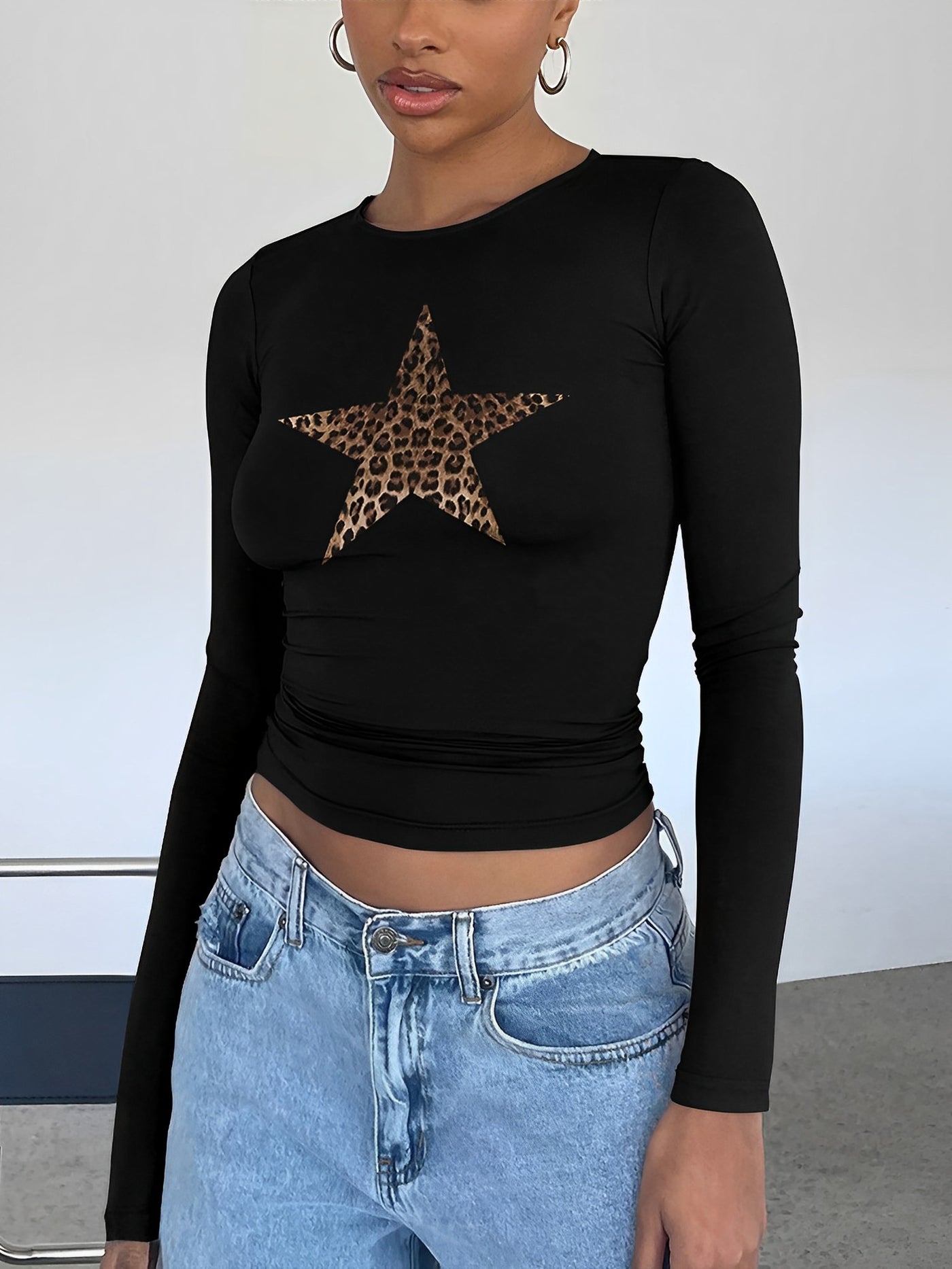 Allegra K Printed Star Leopard Long Sleeve Cropped Tops