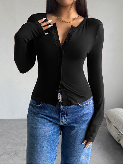 Solid Color Button Down Long Sleeve Blouse