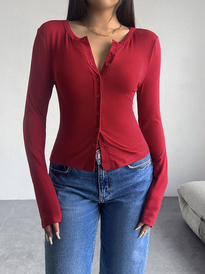 Solid Color Button Down Long Sleeve Blouse