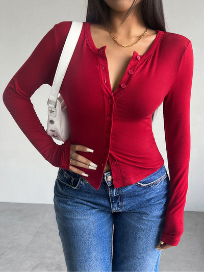 Solid Color Button Down Long Sleeve Blouse