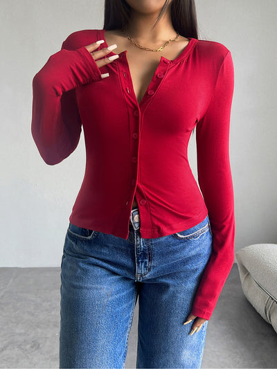 Solid Color Button Down Long Sleeve Blouse