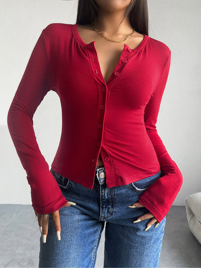 Solid Color Button Down Long Sleeve Blouse