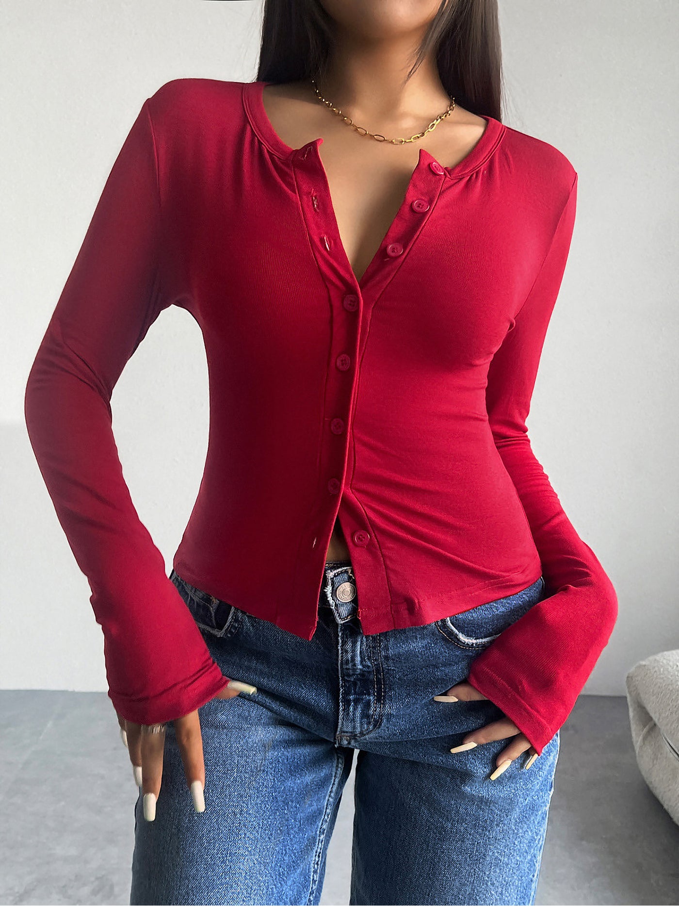 Allegra K Solid Color Button Down Long Sleeve Blouse