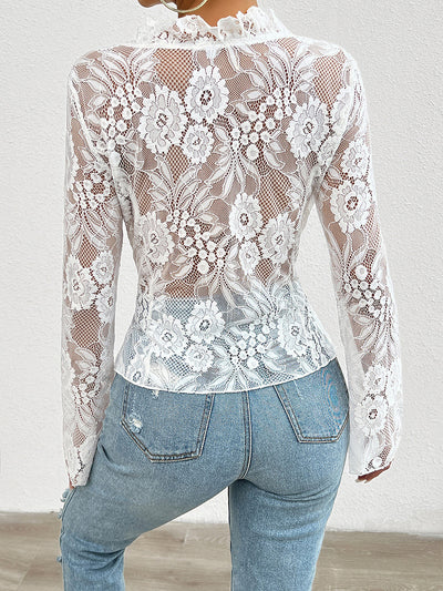 Ruffled Lace Sheer Long Sleeves Lace-Up Bow Blouse