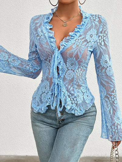 Ruffled Lace Sheer Long Sleeves Lace-Up Bow Blouse