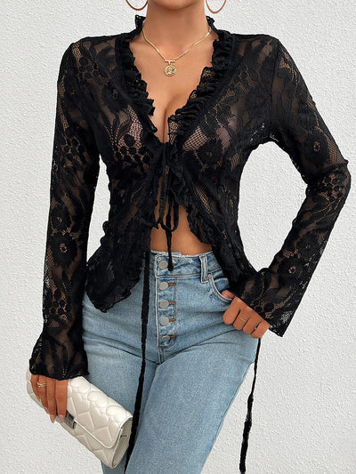 Ruffled Lace Sheer Long Sleeves Lace-Up Bow Blouse