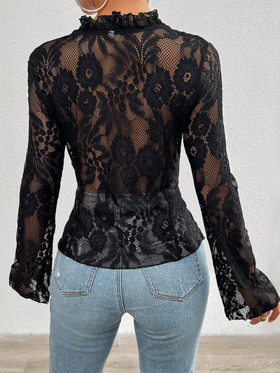 Ruffled Lace Sheer Long Sleeves Lace-Up Bow Blouse