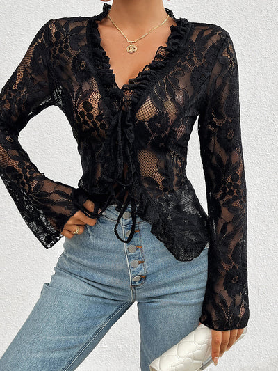 Ruffled Lace Sheer Long Sleeves Lace-Up Bow Blouse