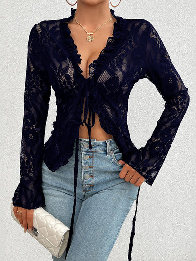 Ruffled Lace Sheer Long Sleeves Lace-Up Bow Blouse