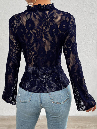 Ruffled Lace Sheer Long Sleeves Lace-Up Bow Blouse