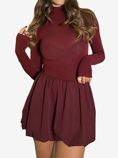 Mock Neck Long Sleeves Bubble Hem Mini Dress