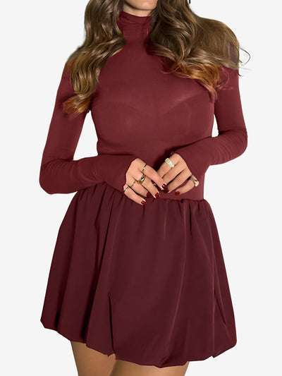 Mock Neck Long Sleeves Bubble Hem Mini Dress