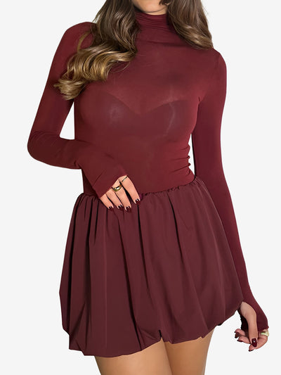 Mock Neck Long Sleeves Bubble Hem Mini Dress