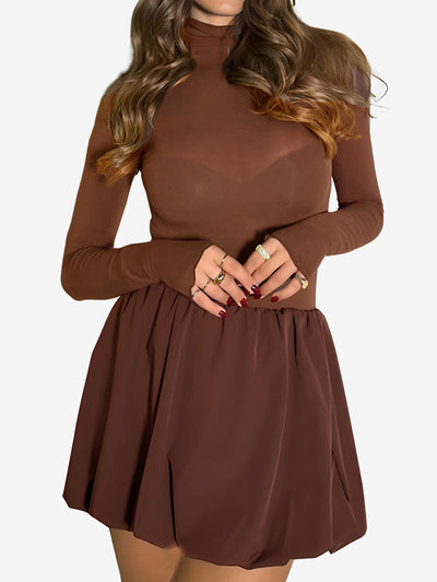 Mock Neck Long Sleeves Bubble Hem Mini Dress