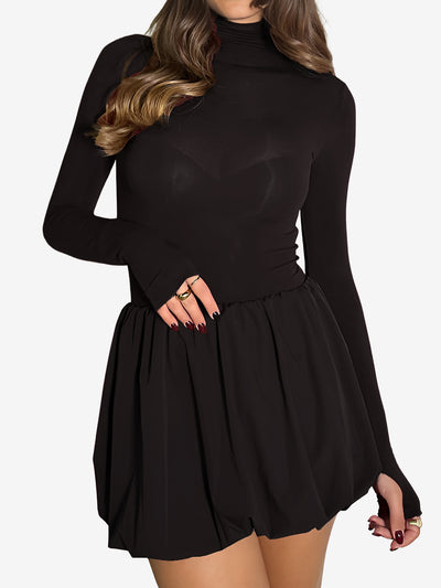 Mock Neck Long Sleeves Bubble Hem Mini Dress