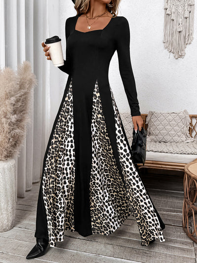 Leopard Patchwork Long Sleeves A-Line Maxi Dress