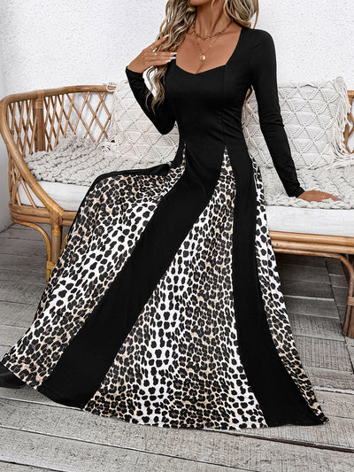 Leopard Patchwork Long Sleeves A-Line Maxi Dress