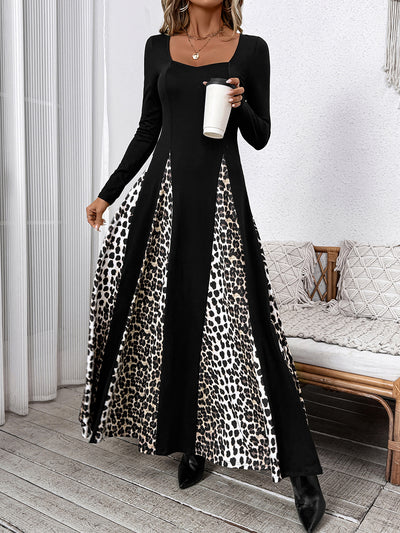 Leopard Patchwork Long Sleeves A-Line Maxi Dress