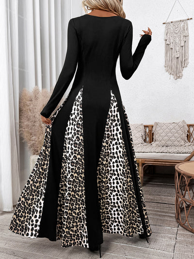 Leopard Patchwork Long Sleeves A-Line Maxi Dress