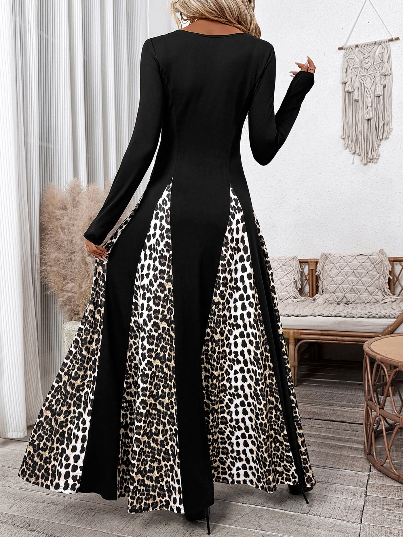 Allegra K Leopard Patchwork Long Sleeves A-Line Maxi Dress