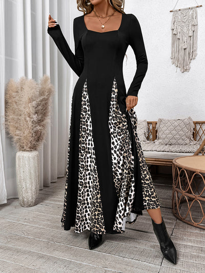 Leopard Patchwork Long Sleeves A-Line Maxi Dress