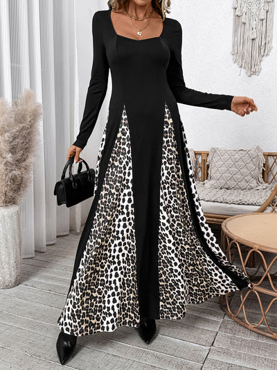 Leopard Patchwork Long Sleeves A-Line Maxi Dress