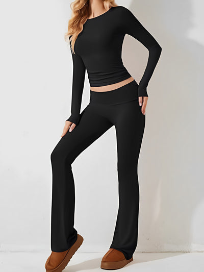 2 Pieces Solid Color Slim Fit Long Sleeve Tops & Casual Pants Set