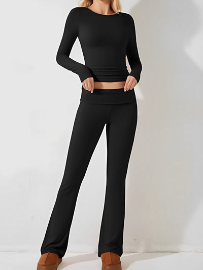 2 Pieces Solid Color Slim Fit Long Sleeve Tops & Casual Pants Set