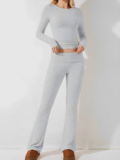 2 Pieces Solid Color Slim Fit Long Sleeve Tops & Casual Pants Set