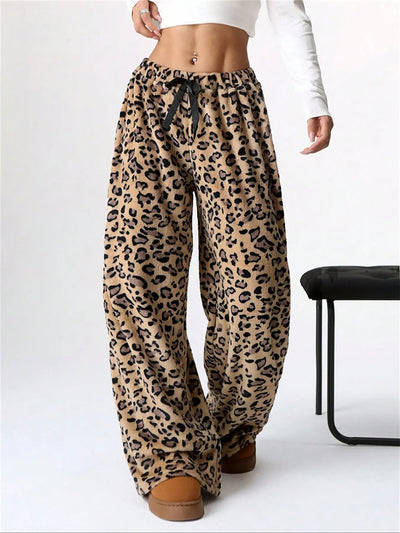 Leopard Print Bow Wide Leg Casual Pile Pants