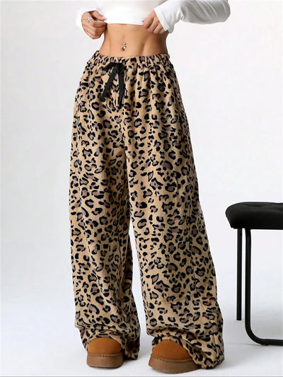 Leopard Print Bow Wide Leg Casual Pile Pants