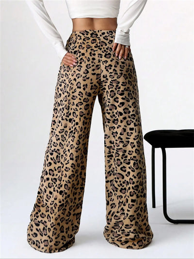 Leopard Print Bow Wide Leg Casual Pile Pants