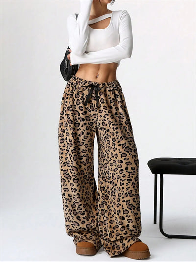 Leopard Print Bow Wide Leg Casual Pile Pants