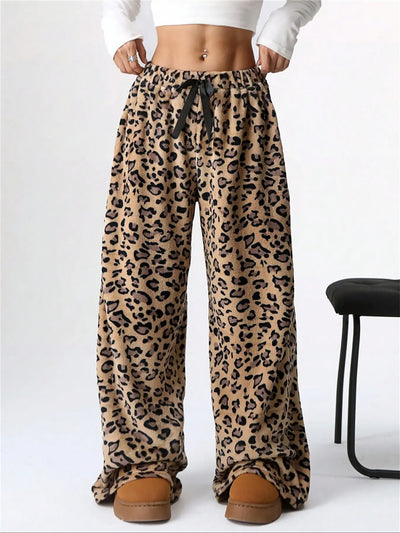 Leopard Print Bow Wide Leg Casual Pile Pants