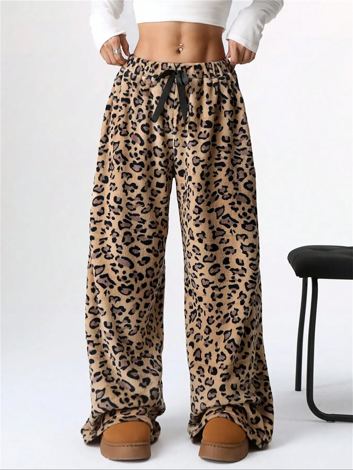 Allegra K Leopard Print Bow Wide Leg Casual Pile Pants