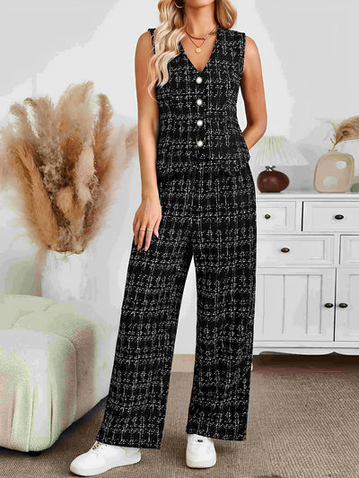 Allegra K 2 Pieces Tweed Plaid Sleeveless Vest & Wide Leg Pants Set