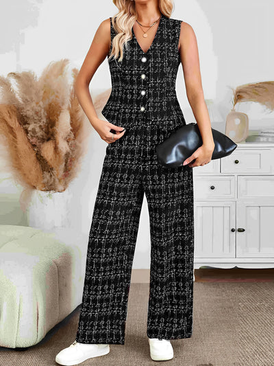 2 Pieces Tweed Plaid Sleeveless Vest & Wide Leg Pants Set