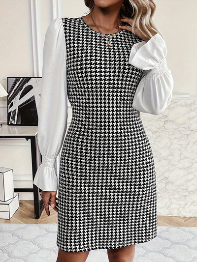 Houndstooth Patchwork Long Sleeves Sheath Dress