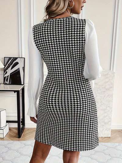 Houndstooth Patchwork Long Sleeves Sheath Dress