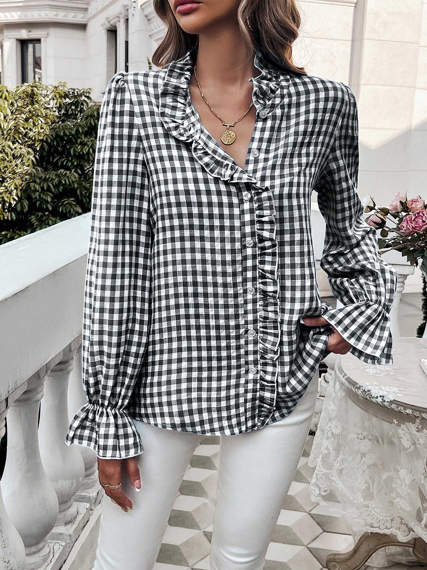 Allegra K Gingham Ruffled Long Sleeves Casual Blouse