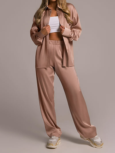 2 Pieces Satin Long Sleeves Blouse & Straight Leg Pants Set