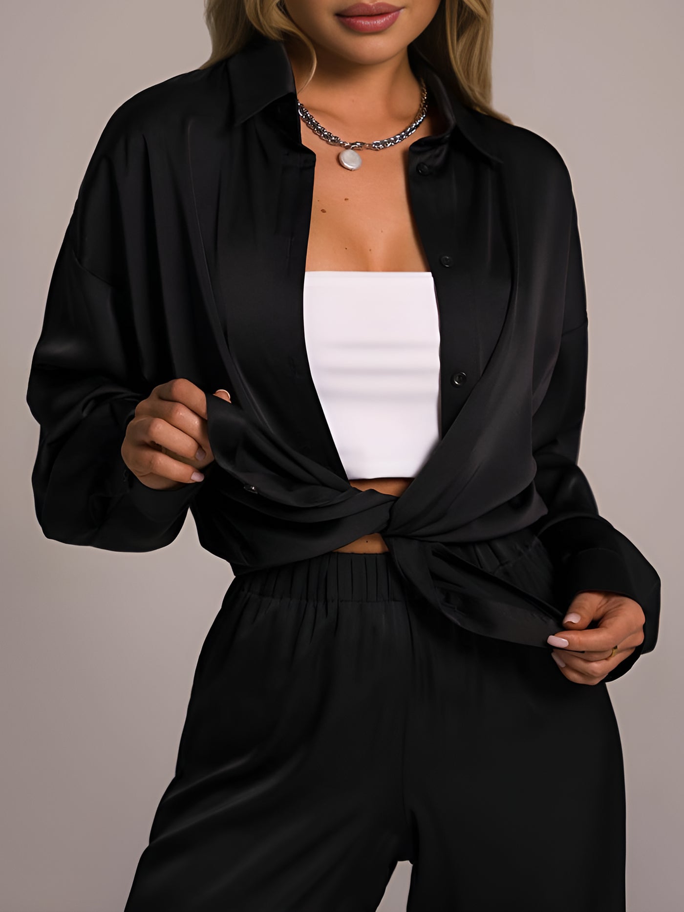 Allegra K 2 Pieces Satin Long Sleeves Blouse & Straight Leg Pants Set