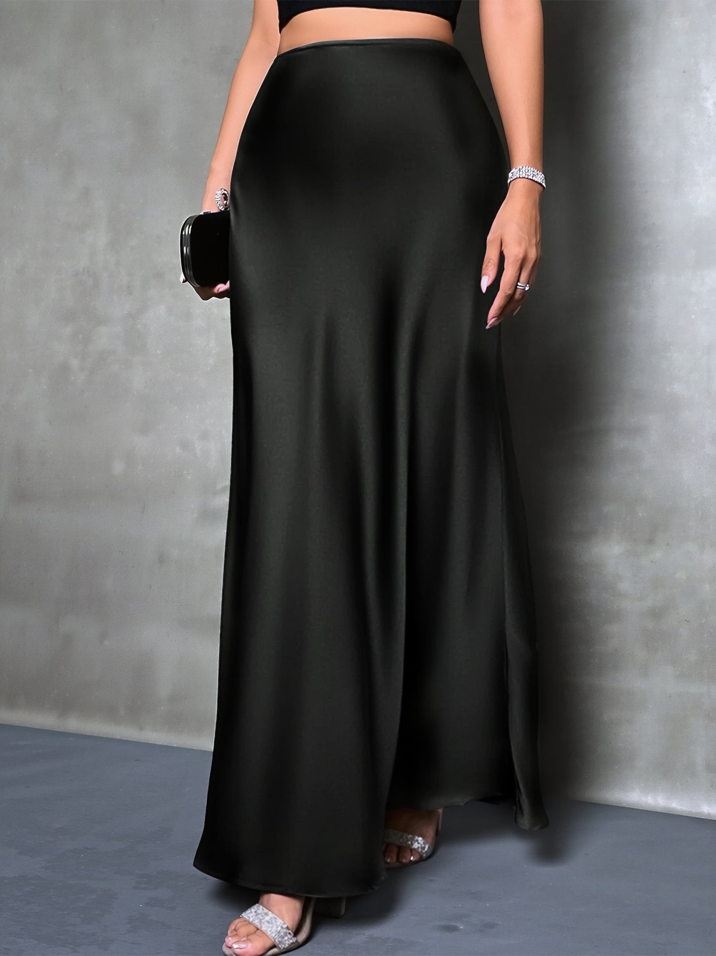 Allegra K Satin Solid Color Fishtail Elegant Maxi Skirt