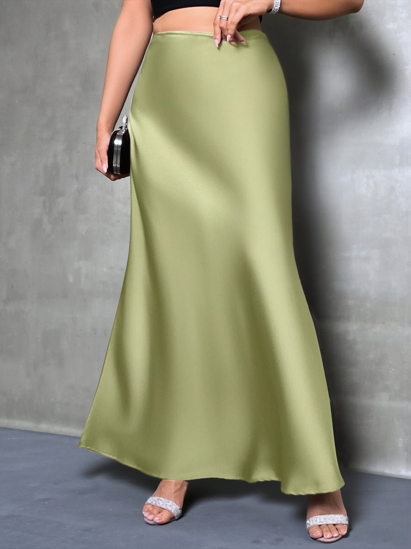 Allegra K Satin Solid Color Fishtail Elegant Maxi Skirt