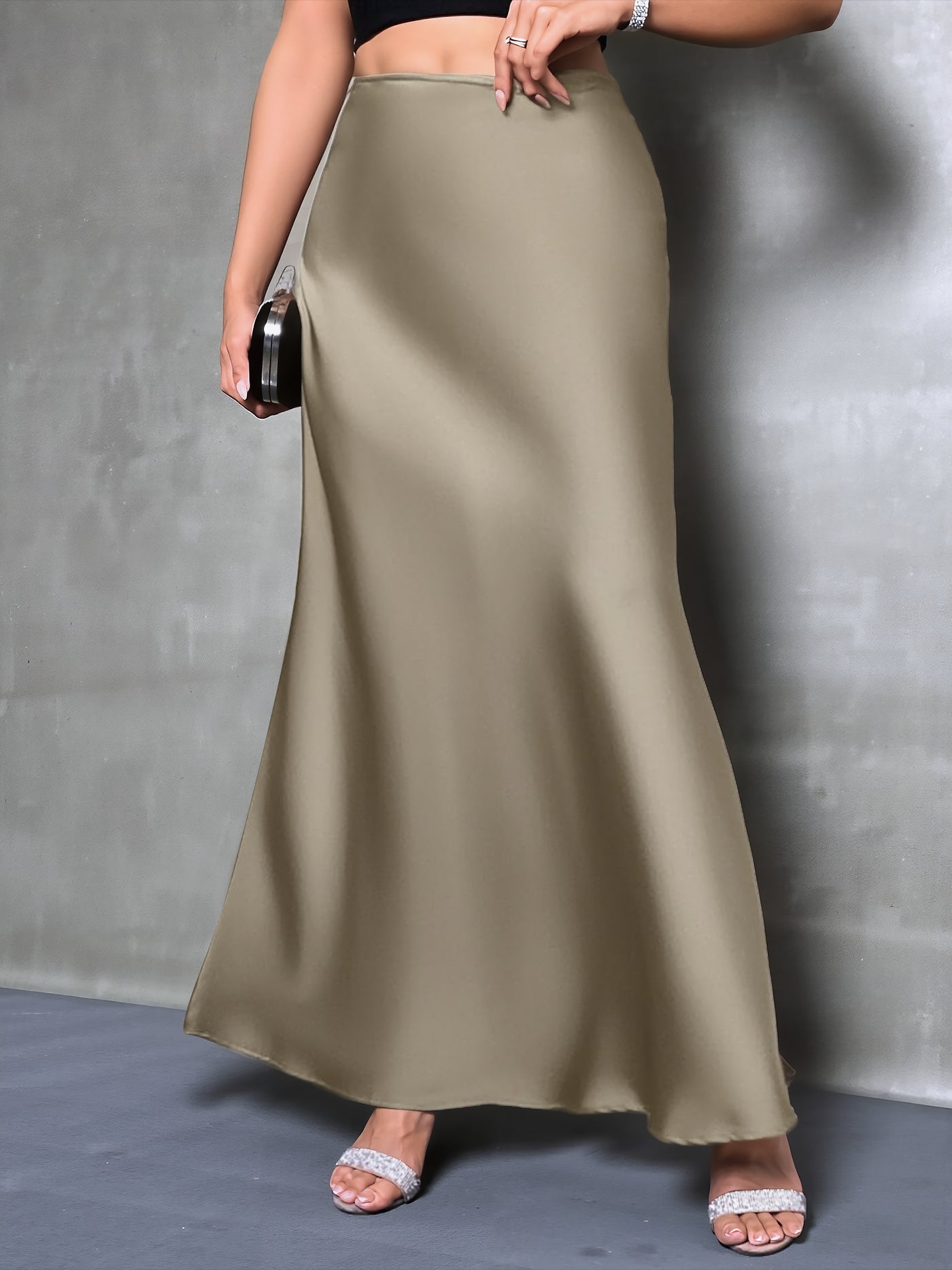 Allegra K Satin Solid Color Fishtail Elegant Maxi Skirt