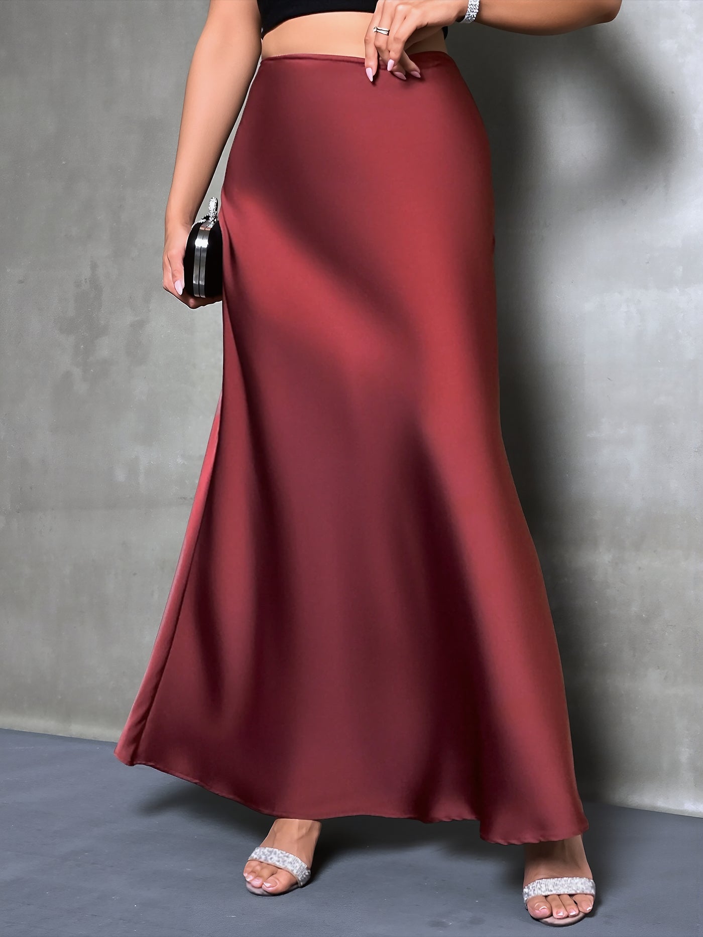 Allegra K Satin Solid Color Fishtail Elegant Maxi Skirt