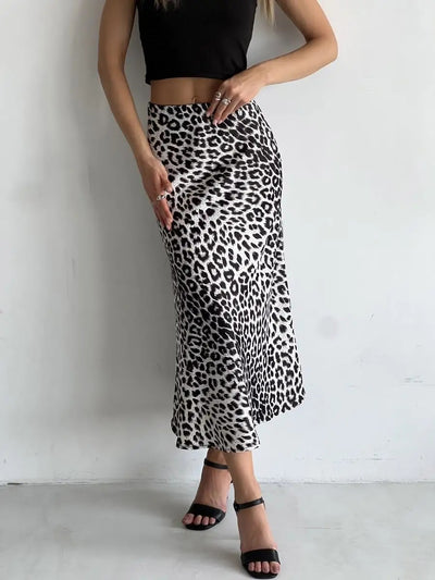 Satin Leopard Print High Waist Maxi Skirt