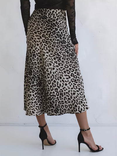 Satin Leopard Print High Waist Maxi Skirt